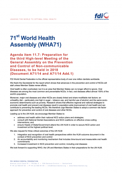 WHA71 - Preparation for the third High-level Meeting of the General Assembly on the Prevention and Control of Non-communicable Diseases, to be held in 2018