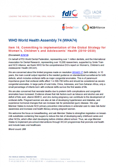 WHA74 - FDI and IADR statement on Item 16. Women’s, Children’s and Adolescents’ Health (preview)