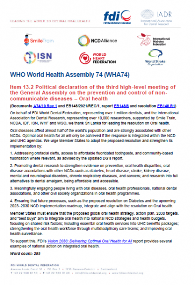 WHA74 - FDI and IADR statement on Item 13.2 (preview)